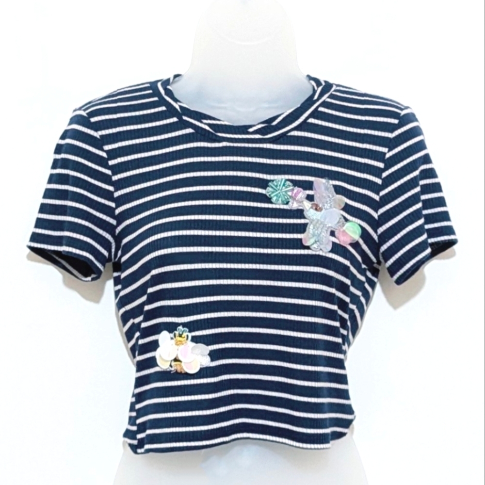 It Girl | Striped  Top | Baby Tee | Y2K | Beaded | Navy & White | Cropped | Soft